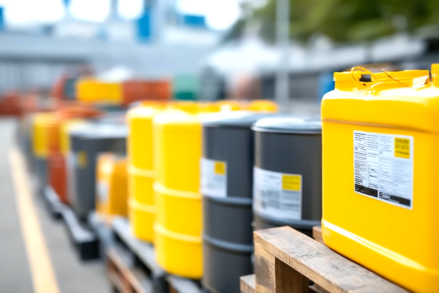 Yellow and gray hazardous waste containers lined up on pallets at a disposal or processing facility.